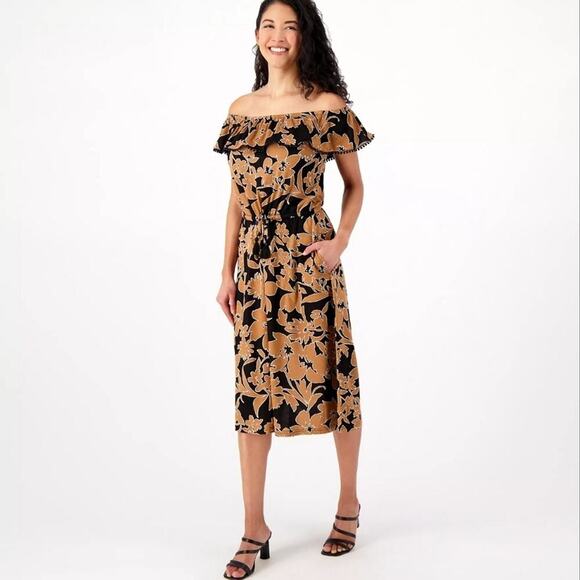Isaac Mizrahi Tropical Boho Off-Shoulder Midi Dress Women's XL Floral Resortwear - Picture 1 of 13